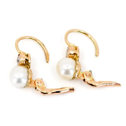 Vintage Old Mine Cut Diamond Cultured Pearl Earrings
