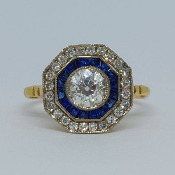 Vintage Old Mine Cut Diamond and Sapphire Target Cluster Ring