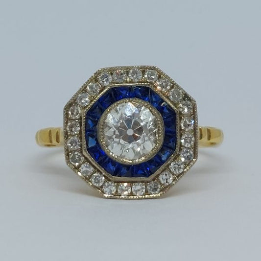 Vintage Old Mine Cut Diamond and Sapphire Target Cluster Ring