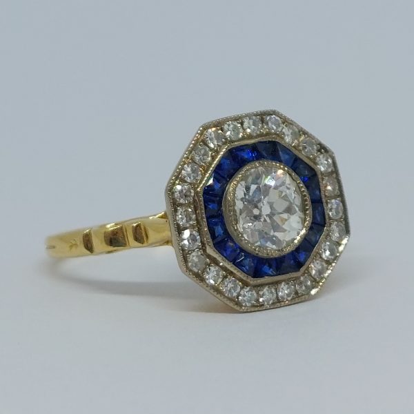Vintage Old Mine Cut Diamond and Sapphire Target Cluster Ring