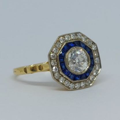 Vintage Old Mine Cut Diamond and Sapphire Target Cluster Ring