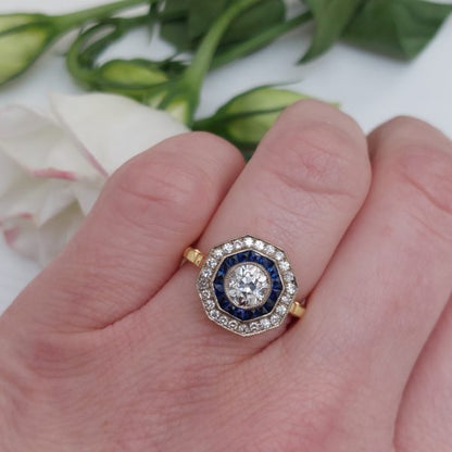 Vintage Old Mine Cut Diamond and Sapphire Target Cluster Ring