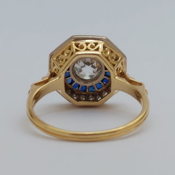 Vintage Old Mine Cut Diamond and Sapphire Target Cluster Ring