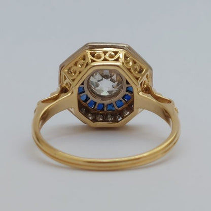 Vintage Old Mine Cut Diamond and Sapphire Target Cluster Ring