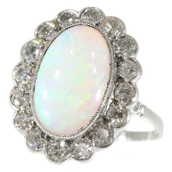 Vintage Opal Old Mine Brilliant Diamond Platinum Ring