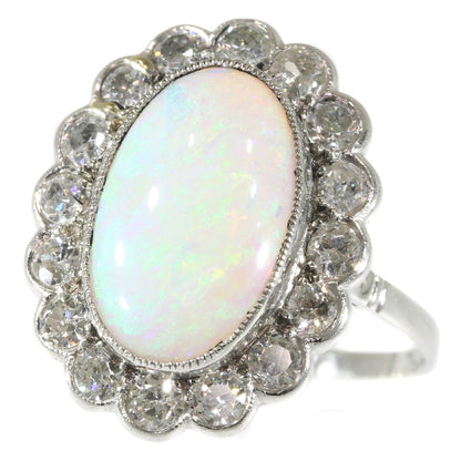 Vintage Opal Old Mine Brilliant Diamond Platinum Ring
