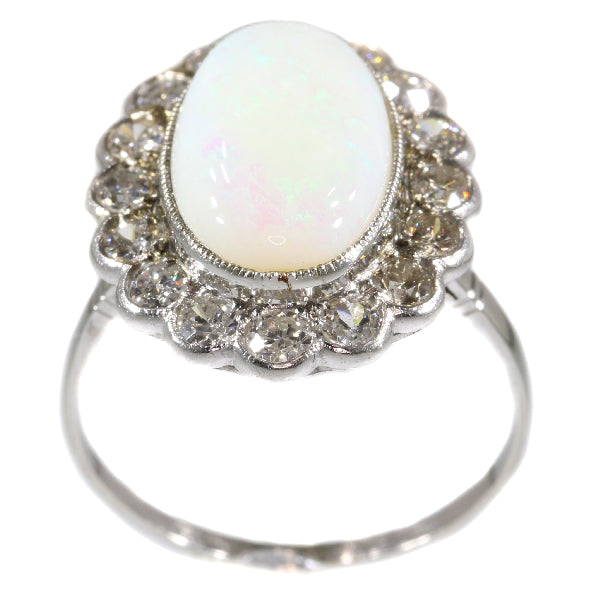 Vintage Opal Old Mine Brilliant Diamond Platinum Ring