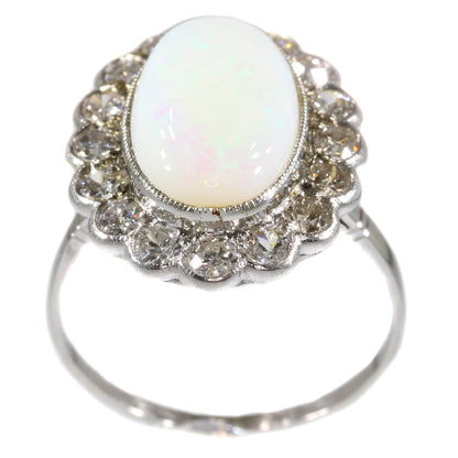 Vintage Opal Old Mine Brilliant Diamond Platinum Ring