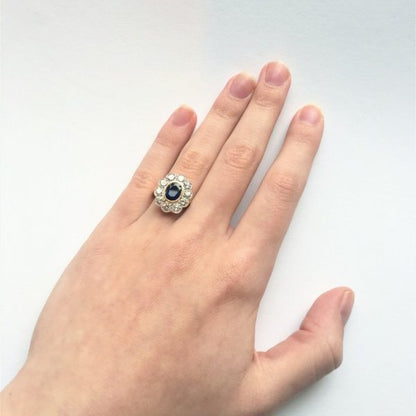 Vintage Oval Cut Sapphire and Diamond Cluster Ring