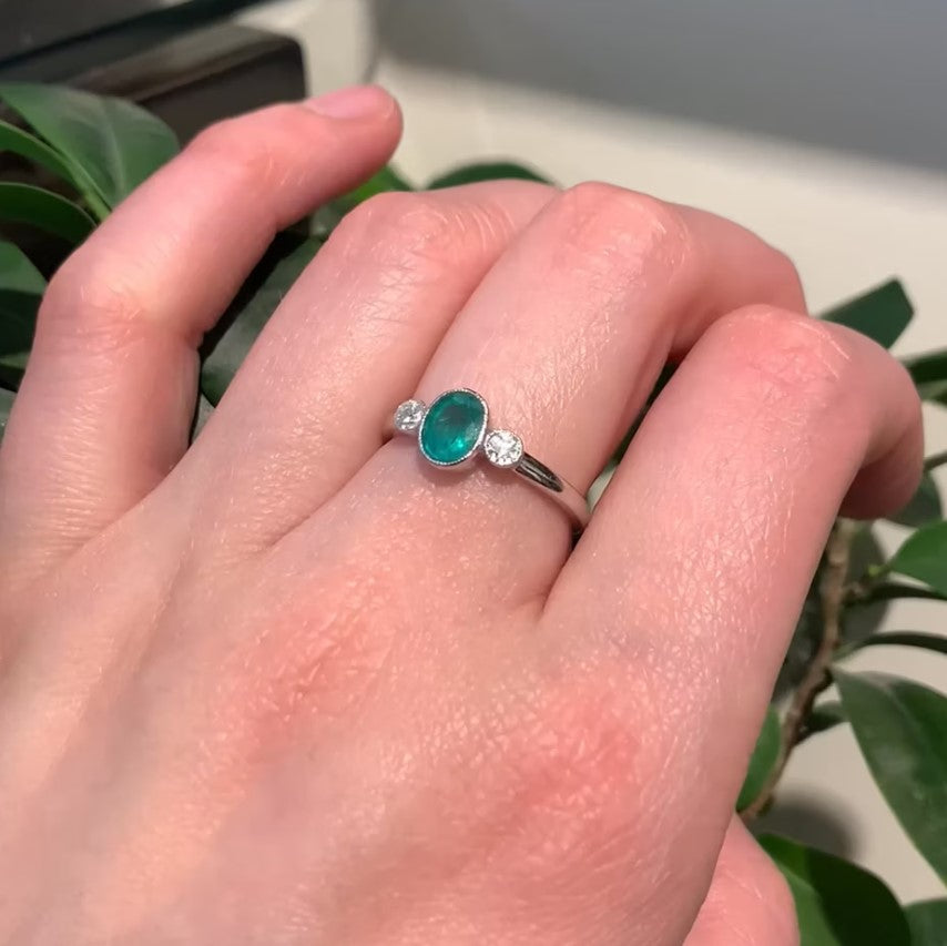 Vintage Emerald and Old Mine Cut Diamond Three Stone Ring