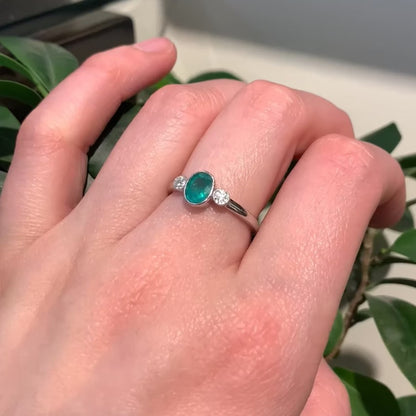 Vintage Emerald and Old Mine Cut Diamond Three Stone Ring