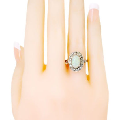 Vintage Oval Opal Diamond Cluster Platinum Ring