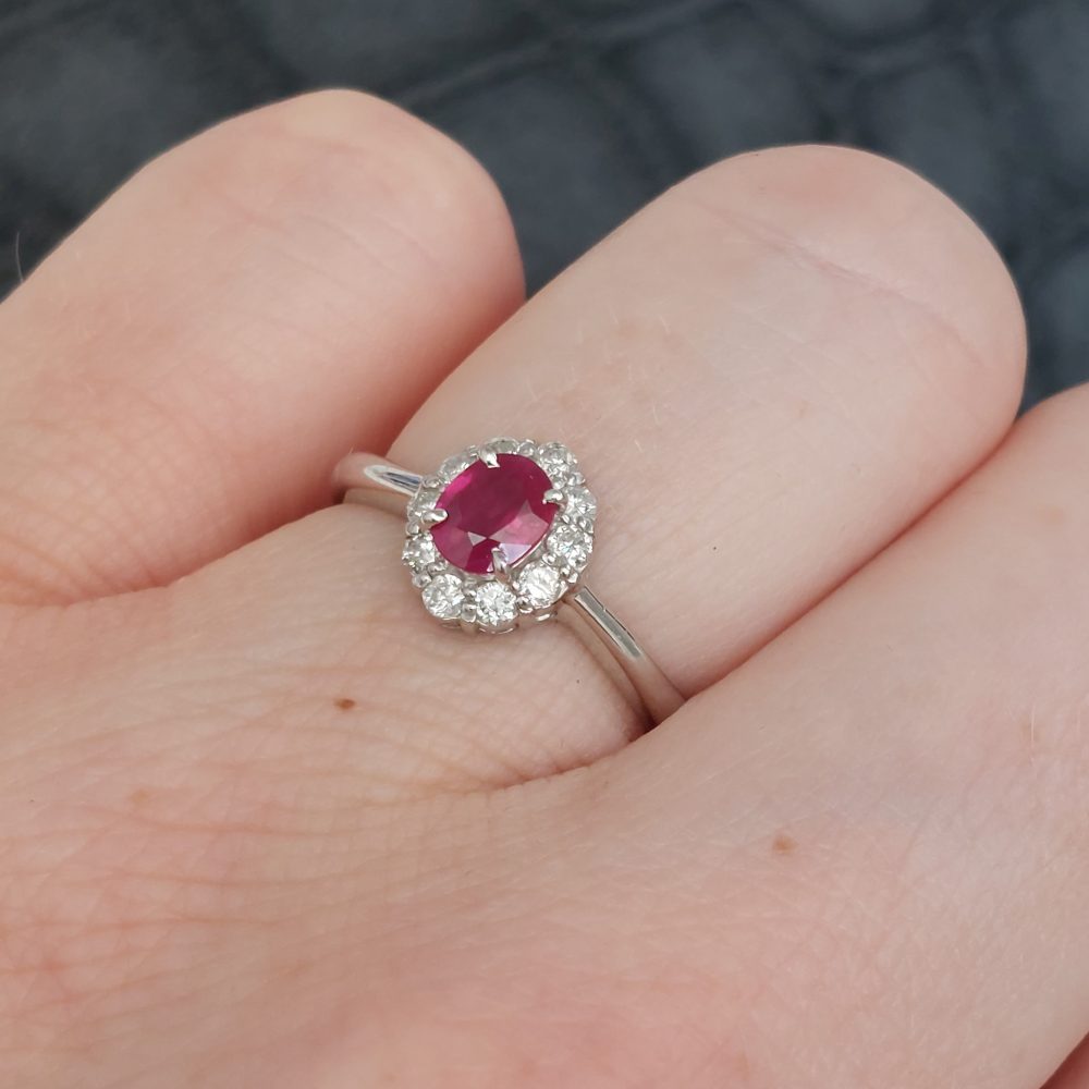 Vintage Oval Ruby and Diamond Cluster Platinum Ring