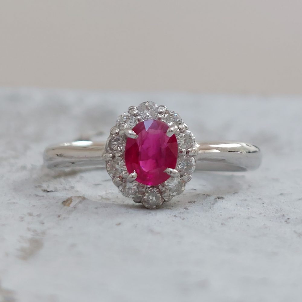 Vintage Oval Ruby and Diamond Cluster Platinum Ring