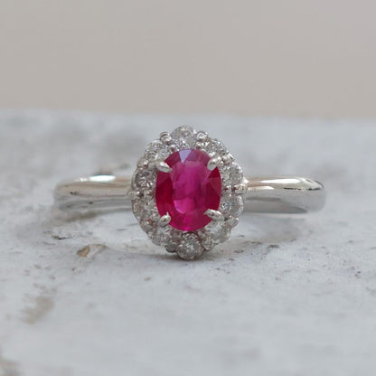 Vintage Oval Ruby and Diamond Cluster Platinum Ring