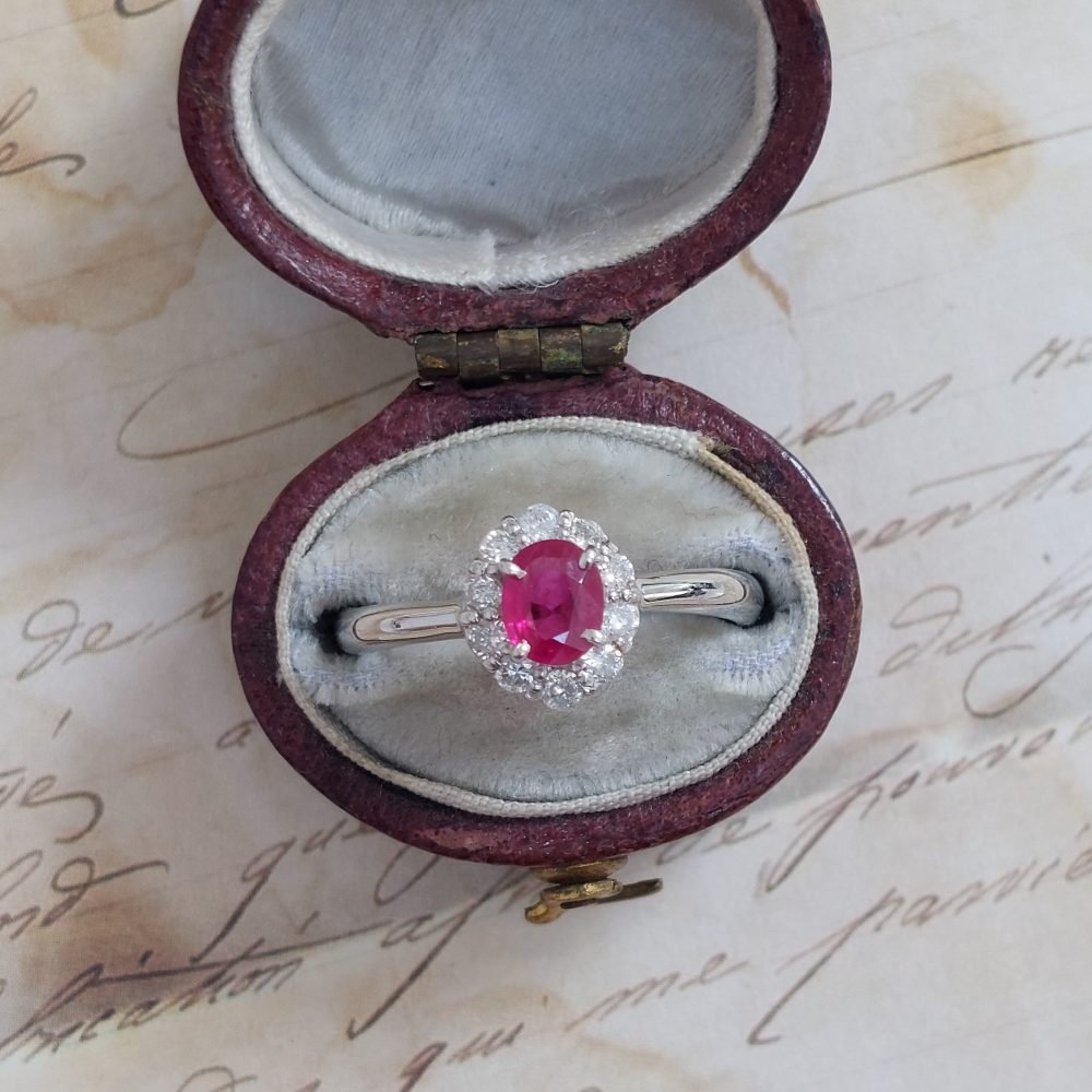Vintage Oval Ruby and Diamond Cluster Platinum Ring