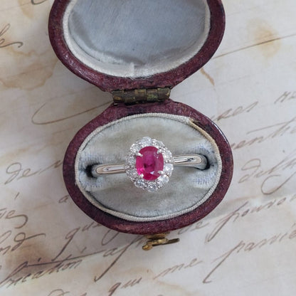 Vintage Oval Ruby and Diamond Cluster Platinum Ring