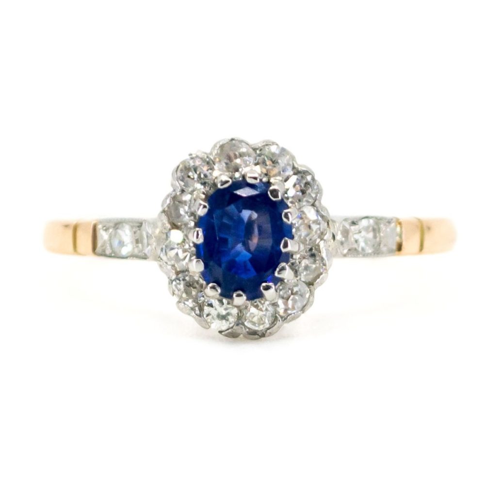 Vintage Oval Sapphire Old Mine Cut Diamond Cluster Ring