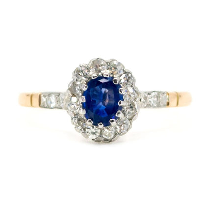 Vintage Oval Sapphire Old Mine Cut Diamond Cluster Ring