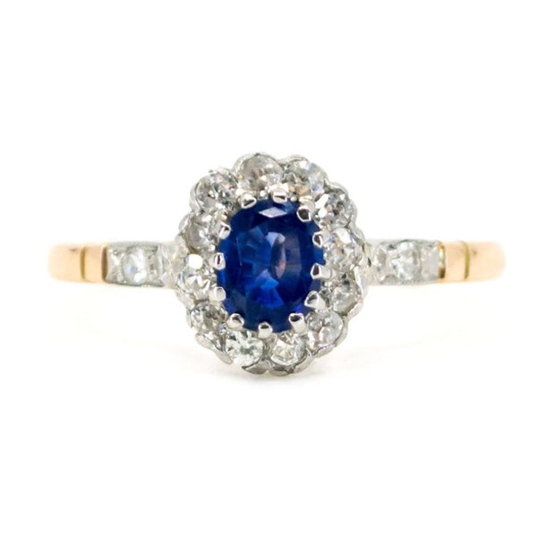 Vintage Oval Sapphire Old Mine Cut Diamond Cluster Ring