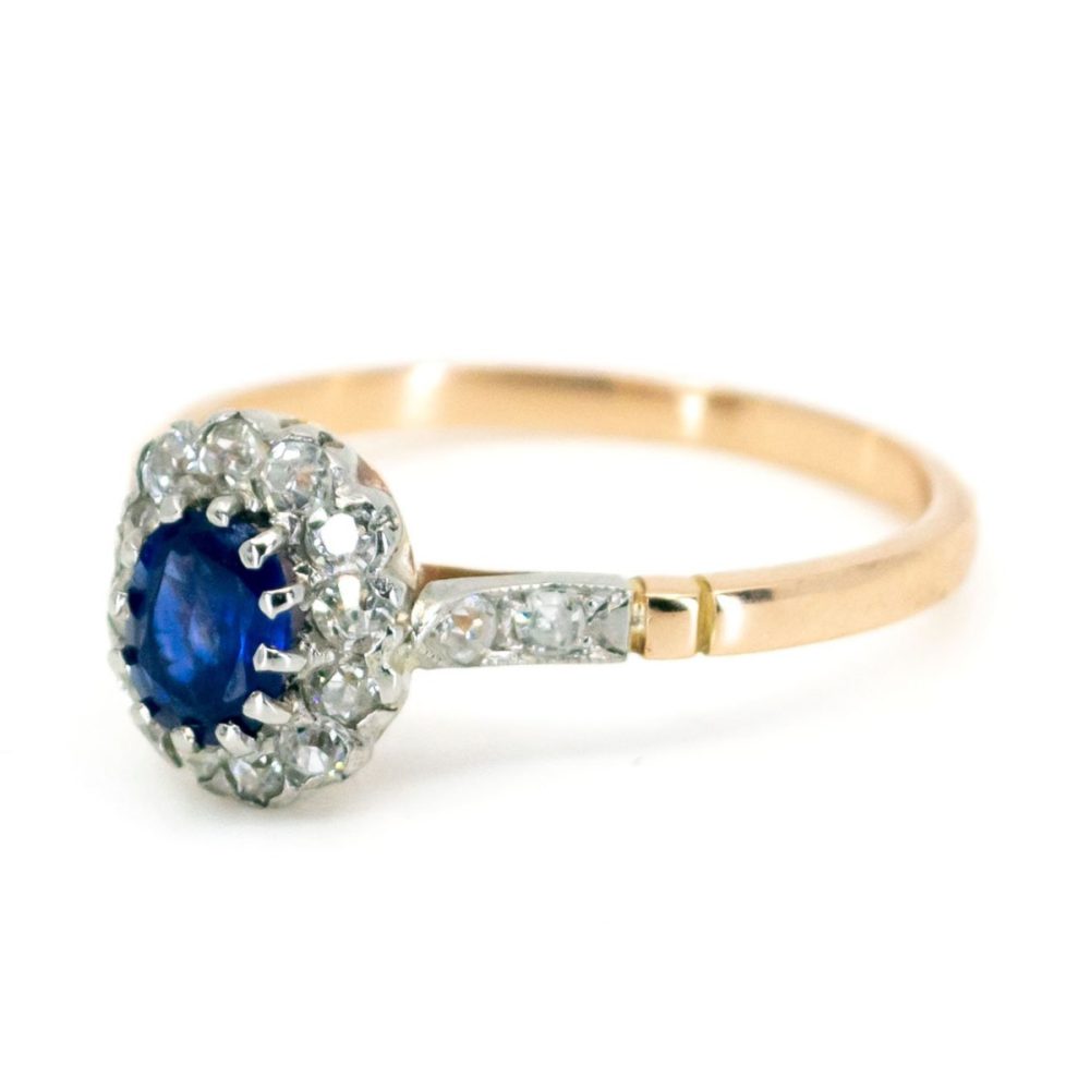 Vintage Oval Sapphire Old Mine Cut Diamond Cluster Ring