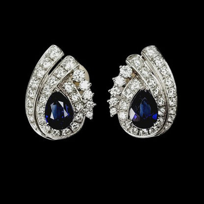 Vintage Pear Cut Sapphire and Diamond Cluster Earrings