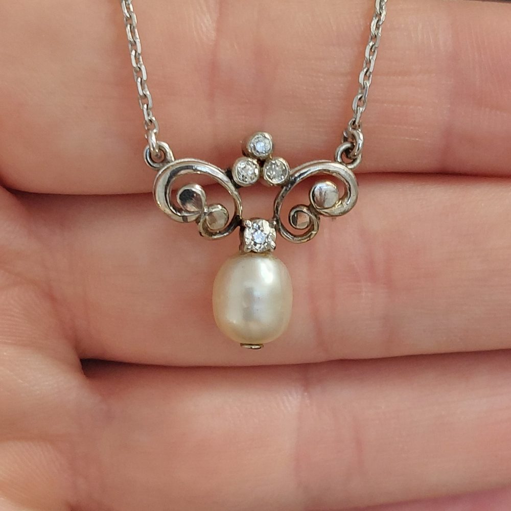 Vintage Pearl and Diamond Pendant Necklace