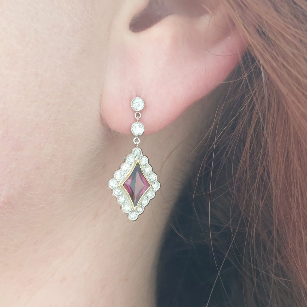 Vintage Pink Tourmaline and Diamond Drop Earrings