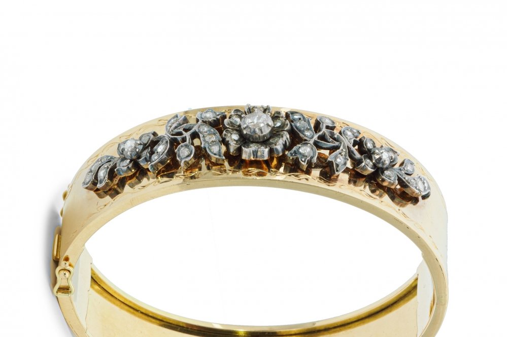 Vintage Rose Cut Diamond Set Gold Bangle Bracelet