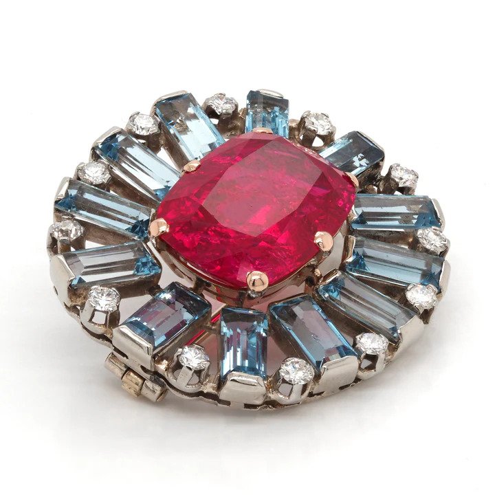 Vintage Ruby Aquamarine Diamond Brooch, Circa 1950s