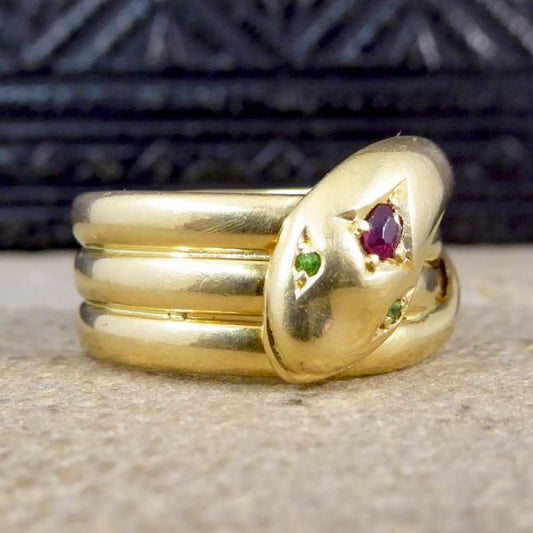 Vintage Ruby and Demantoid Garnet 18ct Gold Snake Ring