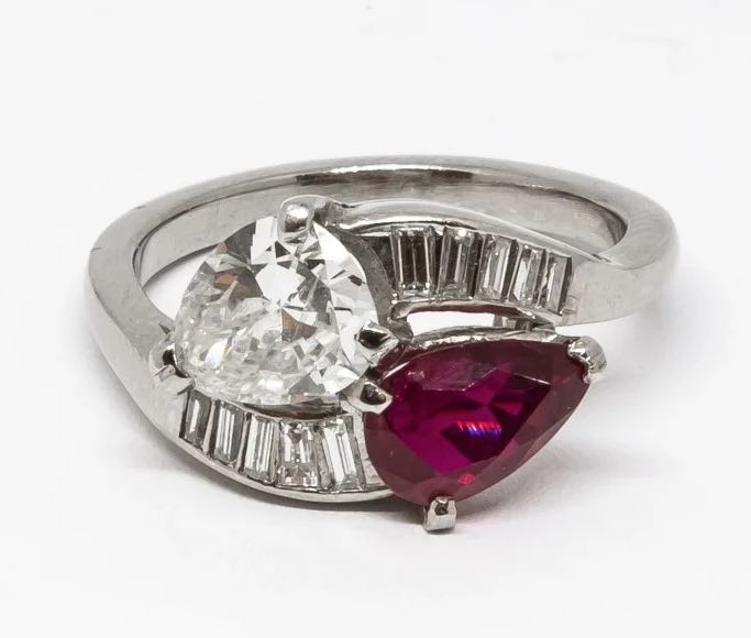 Vintage Ruby and Diamond Crossover Ring, Circa 1950 Toi Et Moi