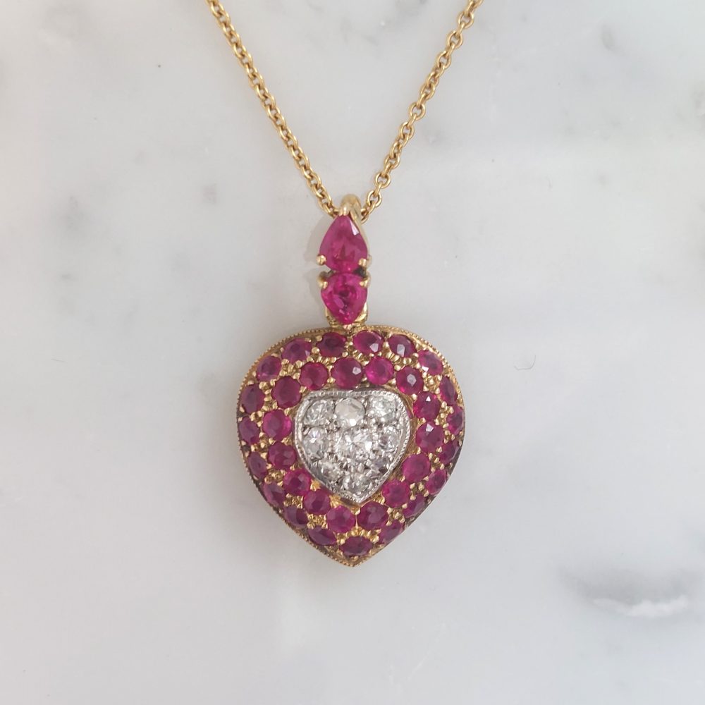 Vintage Ruby and Diamond Heart Pendant Necklace
