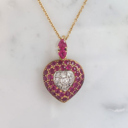 Vintage Ruby and Diamond Heart Pendant Necklace