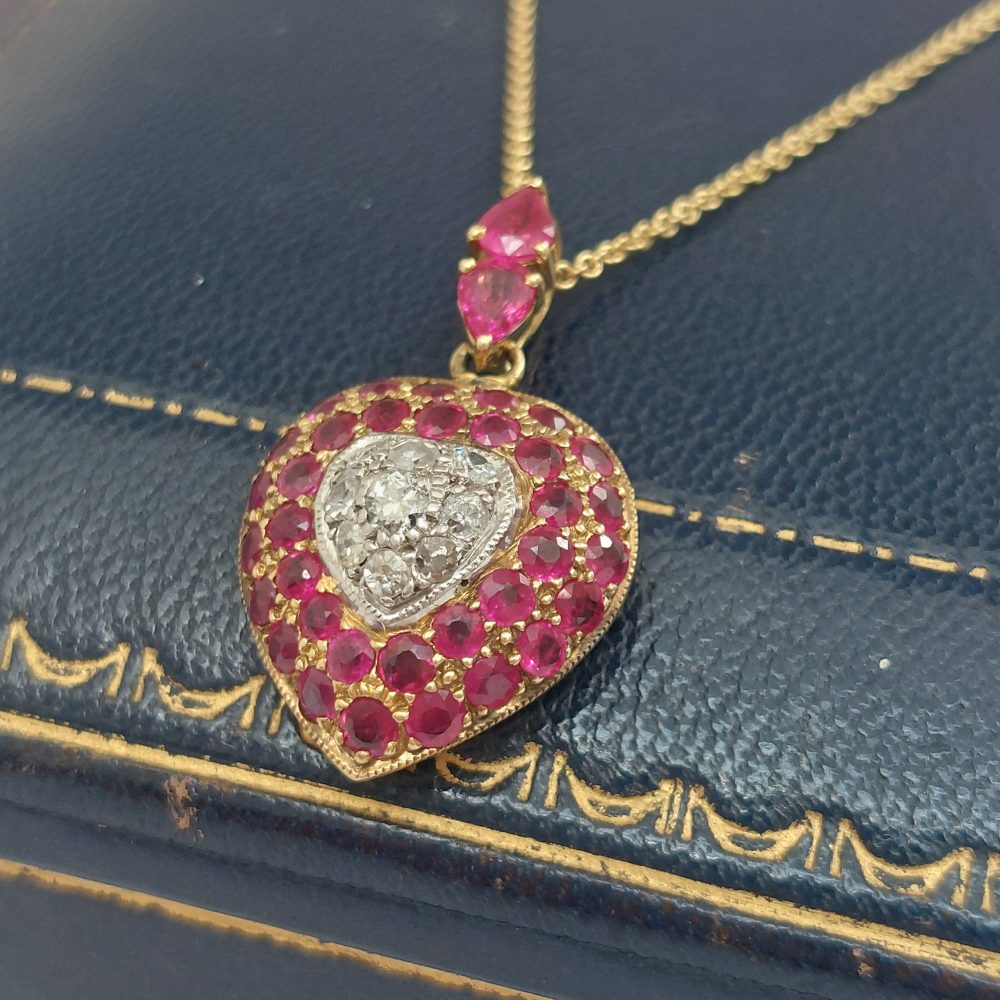 Vintage Ruby and Diamond Heart Pendant Necklace