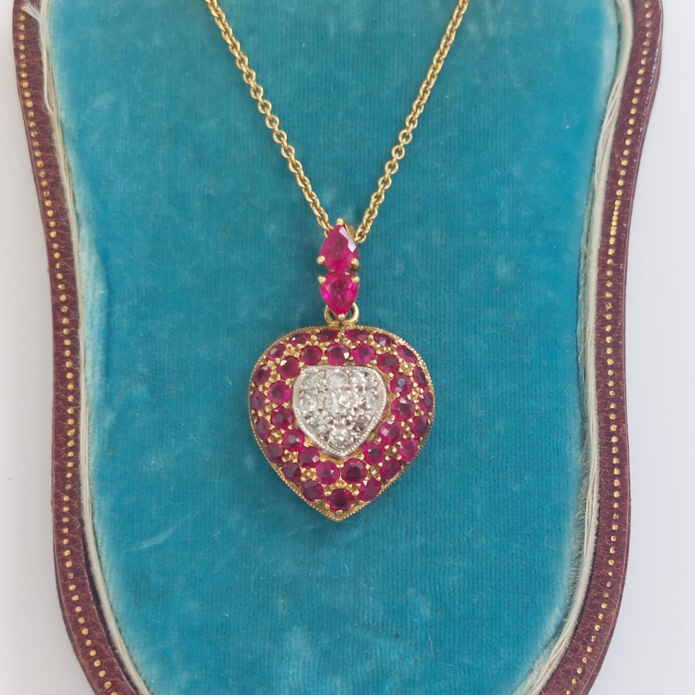 Vintage Ruby and Diamond Heart Pendant Necklace