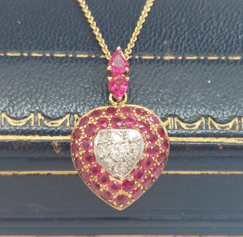 Vintage Ruby and Diamond Heart Pendant Necklace
