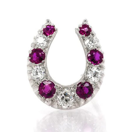 Vintage 1930s Ruby and Diamond Horseshoe Brooch in 18ct White Gold