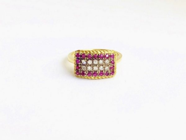 Vintage Ruby and Diamond Rectangular Cluster Gold Ring, Circa 1960