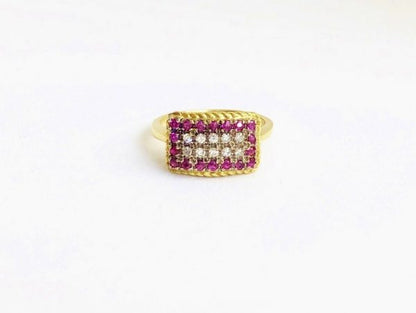 Vintage Ruby and Diamond Rectangular Cluster Gold Ring, Circa 1960