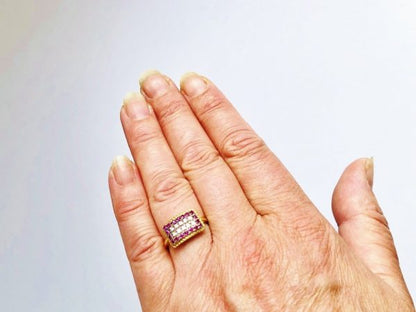Vintage Ruby and Diamond Rectangular Cluster Gold Ring, Circa 1960