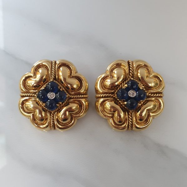 Vintage Sapphire Diamond Gold Quatrefoil Earrings