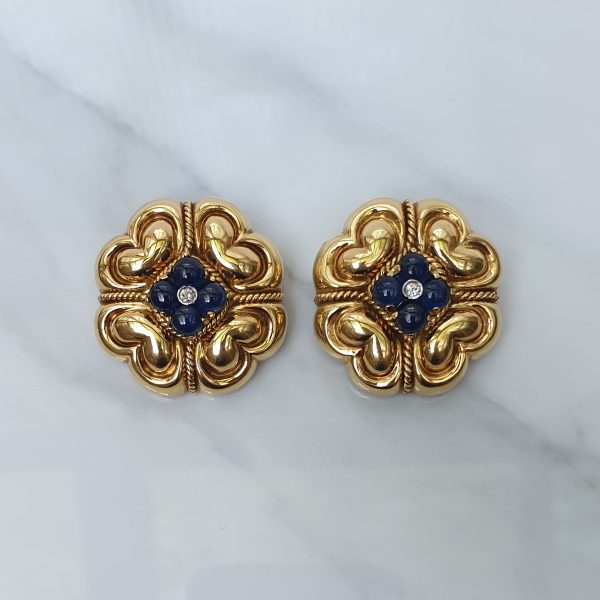 Vintage Sapphire Diamond Gold Quatrefoil Earrings