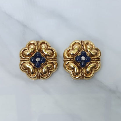 Vintage Sapphire Diamond Gold Quatrefoil Earrings