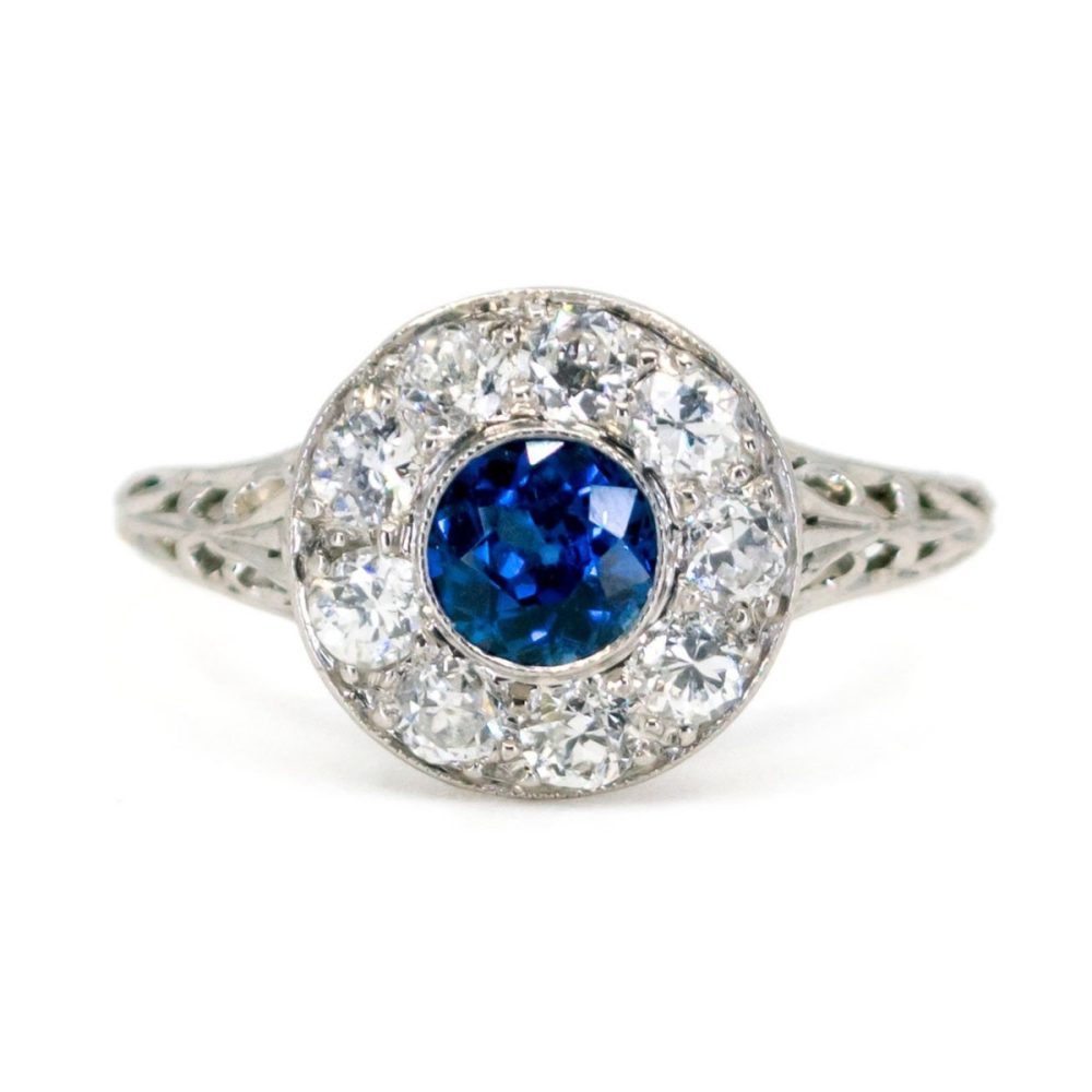 Vintage Sapphire Diamond Platinum Cluster Ring