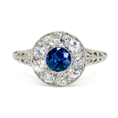 Vintage Sapphire Diamond Platinum Cluster Ring
