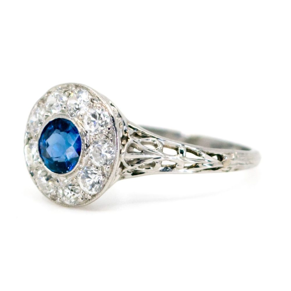 Vintage Sapphire Diamond Platinum Cluster Ring
