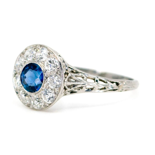 Vintage Sapphire Diamond Platinum Cluster Ring