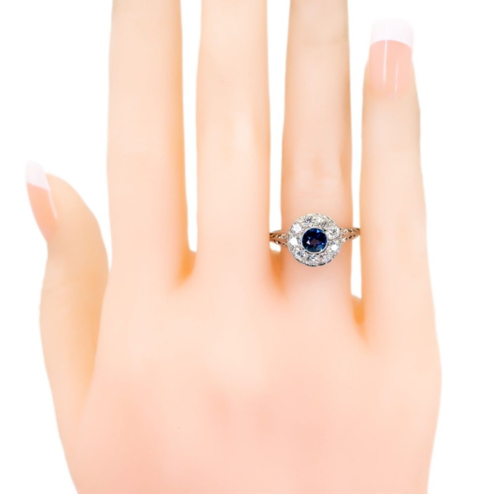 Vintage Sapphire Diamond Platinum Cluster Ring