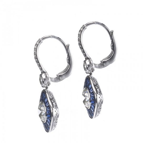 Vintage Sapphire and Diamond Cluster Drop Earrings, Platinum